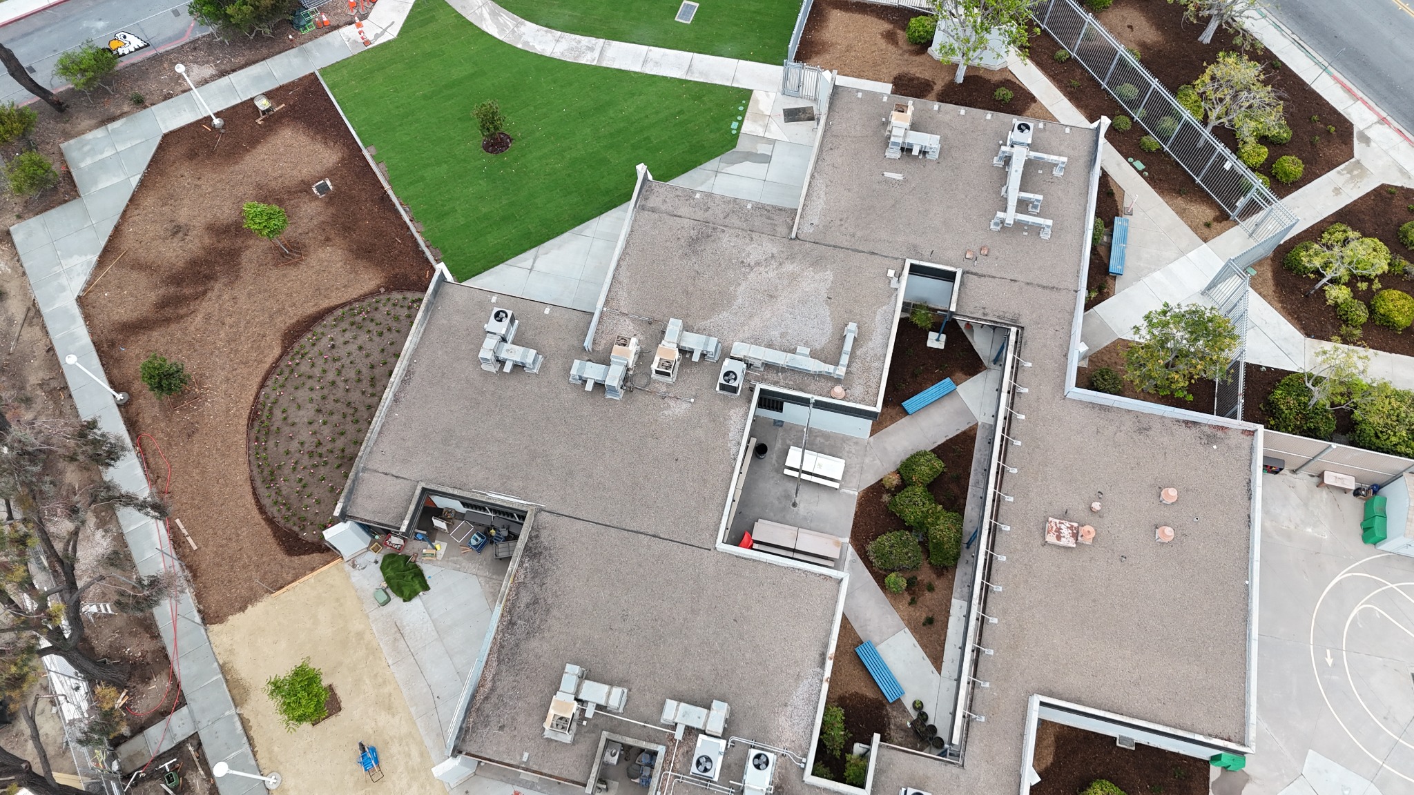 School site landscaping and exterior improvement aerial view